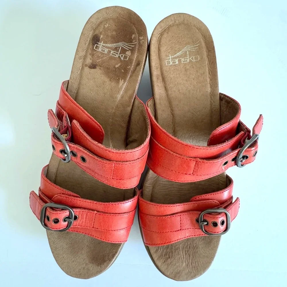 Dansko Jessie Coral Red Leather Clog Sandals Bohemian Chic Size EU/37